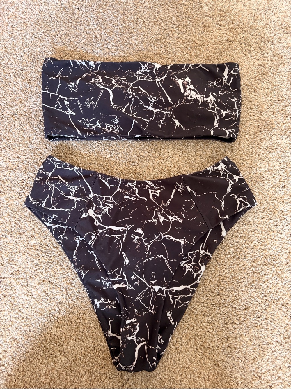 Black Marble Print Bandeau Bikini Set